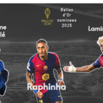 Ballon d’Or 2025 nominees including Raphinha, Lamine Yamal, Pedri, Dembele, Vitinha, Kylian Mbappe, Nuno Mendes, and Mohamed Salah in action poses celebrating goals and lifting trophies with a golden Ballon d’Or trophy glowing at the center symbolizing the race for football’s most prestigious award.