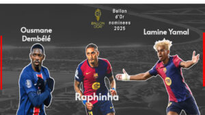 Ballon d’Or 2025 nominees including Raphinha, Lamine Yamal, Pedri, Dembele, Vitinha, Kylian Mbappe, Nuno Mendes, and Mohamed Salah in action poses celebrating goals and lifting trophies with a golden Ballon d’Or trophy glowing at the center symbolizing the race for football’s most prestigious award.