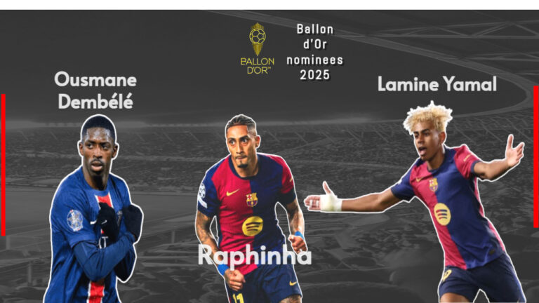 Ballon d’Or 2025 nominees including Raphinha, Lamine Yamal, Pedri, Dembele, Vitinha, Kylian Mbappe, Nuno Mendes, and Mohamed Salah in action poses celebrating goals and lifting trophies with a golden Ballon d’Or trophy glowing at the center symbolizing the race for football’s most prestigious award.